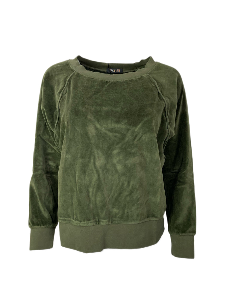 SUZIE KONDI Women's Olive Green Velour Raglan Top #IAS144 Sz Small $195 NWT