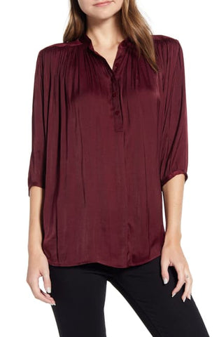 Rebecca Minkoff Women's Fleur Mandarin Half Sleeve Blouse, Burgundy, XX-Large