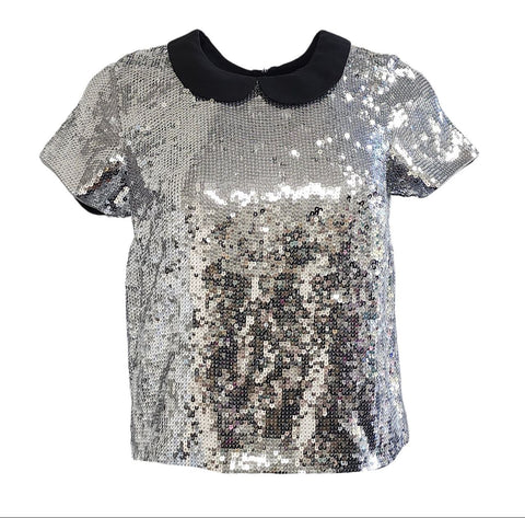 BEA YUK MUI Women's Silver Sequined Short Sleeve Colorblock Top Size 42 NWT
