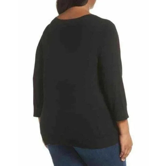SEJOUR Women's Black Plus Size Sequined Stripes V-Neck Sweater Size 2X $89 NWT