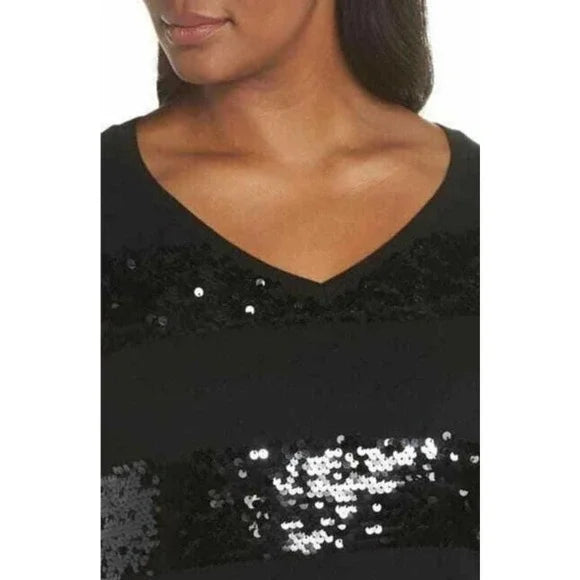 SEJOUR Women's Black Plus Size Sequined Stripes V-Neck Sweater Size 2X $89 NWT