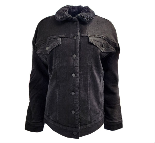 HoodLamb Women's Black Denim Sherpa Lined Hemp Oversized Jacket NWT