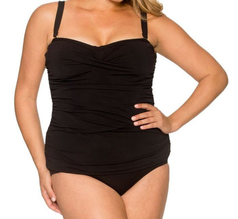 CURVE By SUNSETS Women's Black Shirred Bandeau Swim Tankini Top #395E 22 NWT