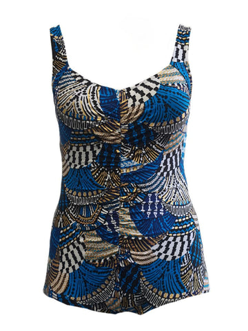 MAXINE OF HOLLYWOOD Women's Blue Center Shirr One Piece Swimsuit #MM7FY20 NWT