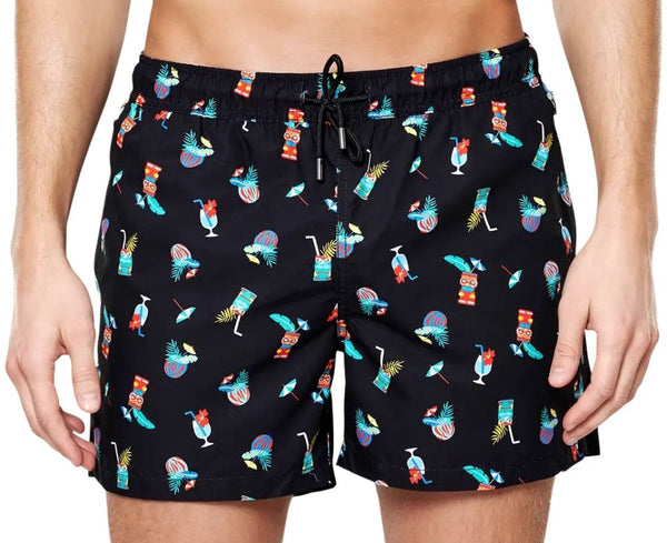 HAPPY SOCKS Men's Black Tiki Soda Mesh Lining Swimming Shorts NWT