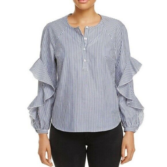 SPLENDID Women's Ruffled Sleeve Navy Striped Long Sleeve Blouse $128 NWT