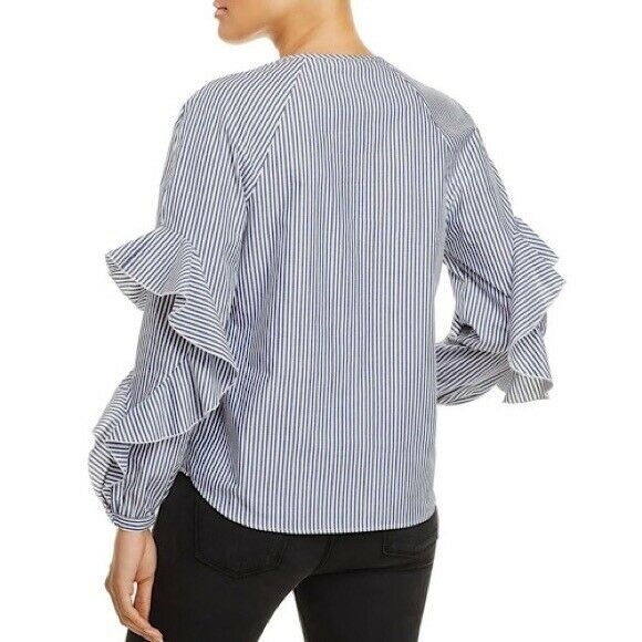 SPLENDID Women's Ruffled Sleeve Navy Striped Long Sleeve Blouse $128 NWT
