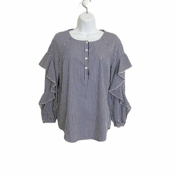 SPLENDID Women's Ruffled Sleeve Navy Striped Long Sleeve Blouse $128 NWT