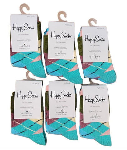 HAPPY SOCKS Girl's Blue Argyle Combed Cotton 12 Pairs Set Size 12-24m NWT