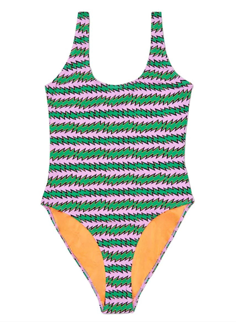 HAPPY SOCKS Women's Purple Rock n Roll Stripe One-Piece Swimsuit NWT