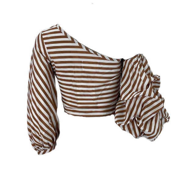 StyleKeepers Women's Striped Brown Neiman Marcus One Shoulder Top NWT