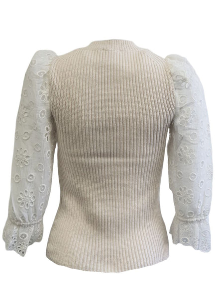 REBECCA TAYLOR Women's White Vanilla Eyelet Sleeve Sweater #919806 NWT
