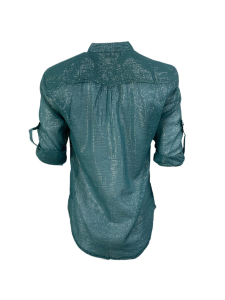 SUZIE KONDI Women's Teal Koubi Metalic Button Blouse#1004 NWT