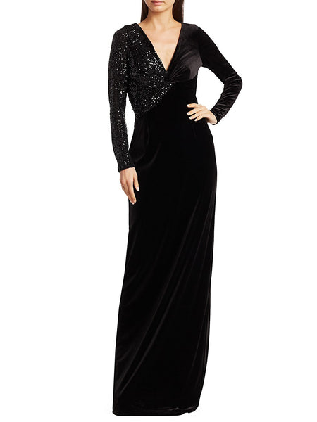 Teri Jon by Rickie Freeman Black Stretch-Velvet Sequin Gown $600 NEW