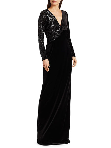 Teri Jon by Rickie Freeman Black Stretch-Velvet Sequin Gown $600 NEW