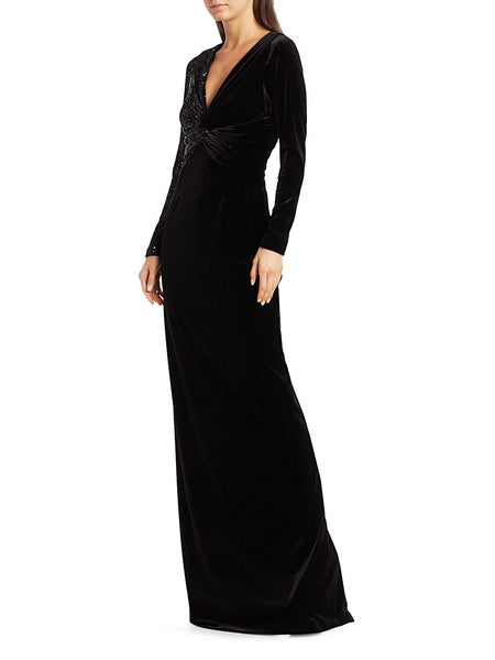 Teri Jon by Rickie Freeman Black Stretch-Velvet Sequin Gown $600 NEW