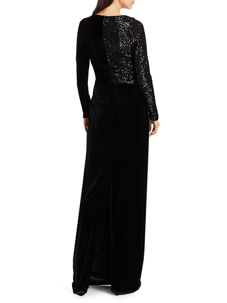 Teri Jon by Rickie Freeman Black Stretch-Velvet Sequin Gown $600 NEW