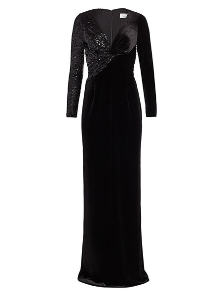 Teri Jon by Rickie Freeman Black Stretch-Velvet Sequin Gown $600 NEW