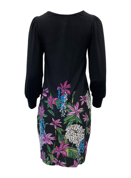 Leota Women's Black Flower Terrarium Streight Stretchy Dress #2452 Medium NWT