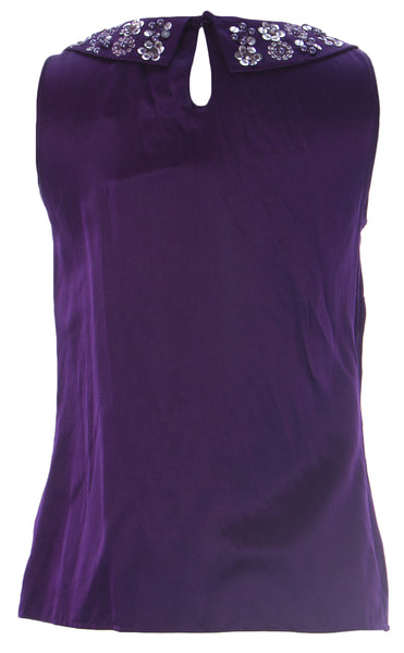 BODEN Women's Dark Purple Embellished Collar Top WA320 US Sz 2 $85 NWOT