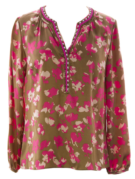 BODEN Women's Beaded Placket Evening Top Brown/Pink/Beige