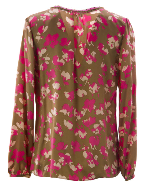 BODEN Women's Beaded Placket Evening Top Brown/Pink/Beige