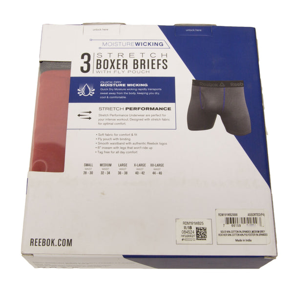 REEBOK Men's Black/Red/Grey 3 Pack Stretch Boxer Briefs NEW