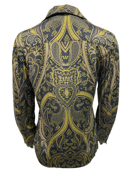BLK DNM Women's Military Green Paisley Long Sleeve Silk Blend Shirt 75 Size S NWT
