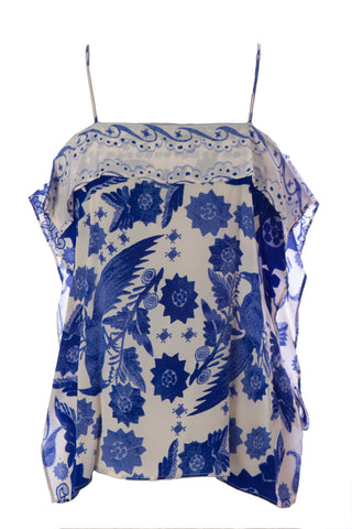REBECCA MINKOFF Women's Indigo Blue Silk Floral Print Yuko Top $298 NWT