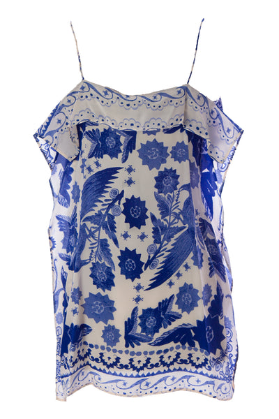 REBECCA MINKOFF Women's Indigo Blue Silk Floral Print Yuko Top $298 NWT