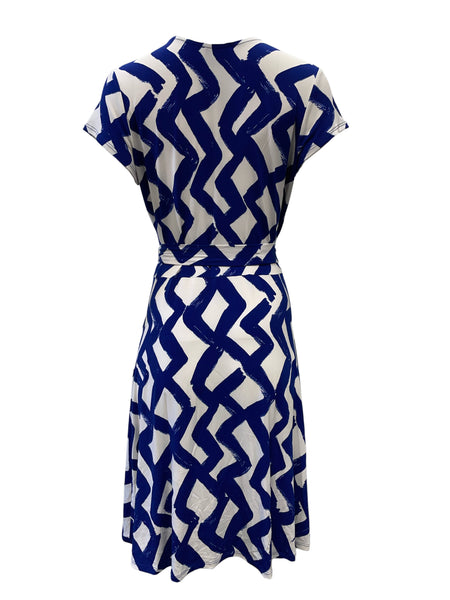 Leota Women's Blue Zig Zag V-Neck A-Line Stretchy Dress #2005 NWT