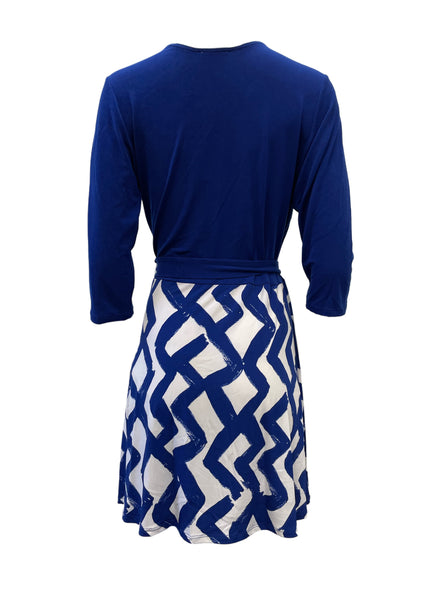 Leota Women's Blue Zig Zag Navy Crepe A-Line Stretchy Dress #2515 NWT