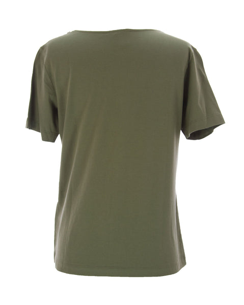 Joan Vass Women's Mesh / Embellished Neckline Top Olive