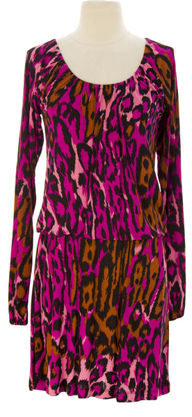 FLOWER BY FLORA KUNG Women's Multi Casey Blouson Leopard Dress $89 NEW