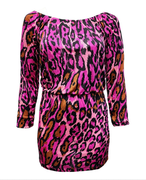 FLOWER BY FLORA KUNG Women's Multi Casey Blouson Leopard Dress $89 NEW