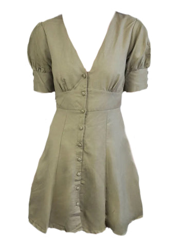 MADISON THE LABEL Women's Green A-Line Linen Puff Sleeve Dress #0213 X-Small NWT