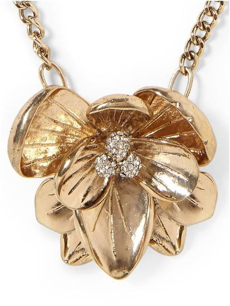 HIVE & HONEY Gold-Tone Organic Flower w/ Pave Pendant Necklace NWT