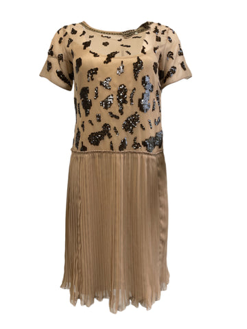 BETTY BLUE Women's Tan Short Sleeve Pleated Sequin Dress NWT $490