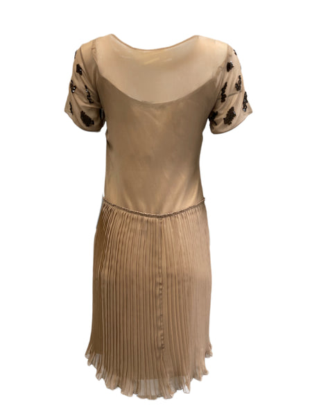 BETTY BLUE Women's Tan Short Sleeve Pleated Sequin Dress NWT $490
