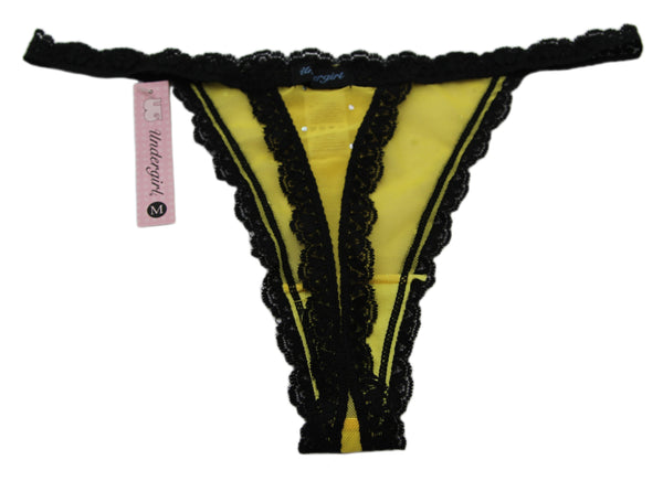 UNDERGIRL Women's Yellow / Black Sheer Rhinestone Lace Thong Panties Sz L NWT