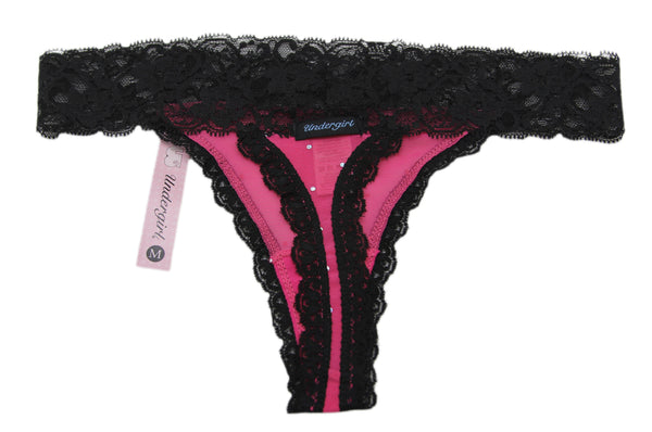 UNDERGIRL Women's Pink / Black Sheer Rhinestone Thick Lace Thong Panties Sz M