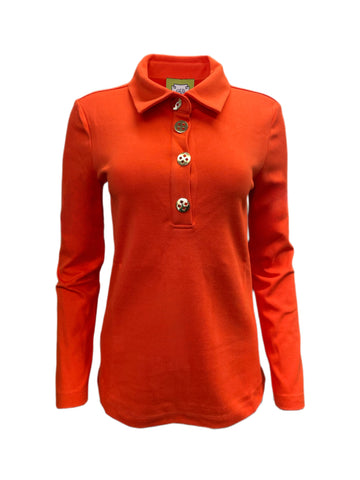ELIZABETH MCKAY Orange Cotton Blend Long Sleeve Polo Top 7053 $195 NWT