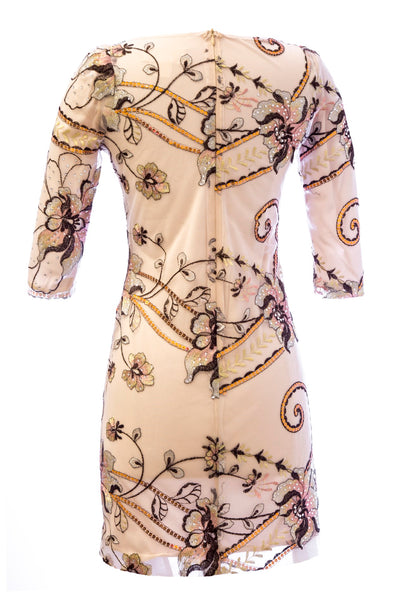 VON VONNI Women's London-C Brown Embroidered Elbow Sleeve Short Dress $285 NEW
