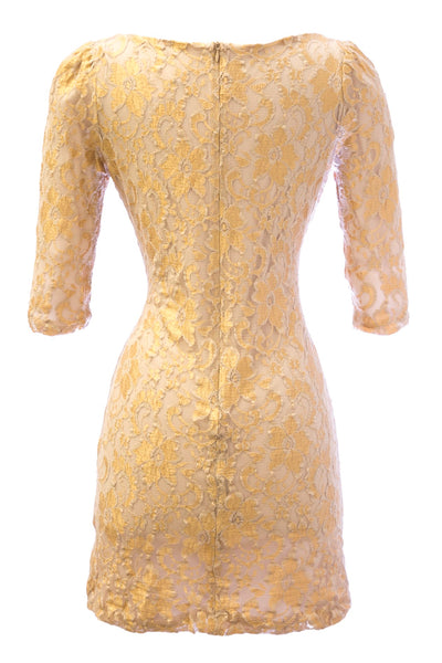 VON VONNI Women's London-C Gold / Ivory Lace Elbow Sleeve Dress $265 NEW