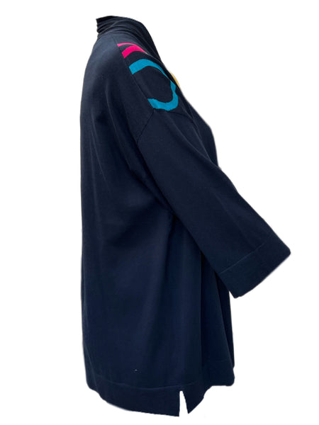 MARINA RINALDI Women's Navy Maxi Abstract Floral Cardigan $595 NWT