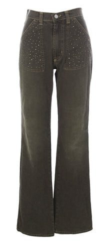NOYES Women's Dark Brown Rhinestones Vintage Wide Leg Jeans Size 44 NWT