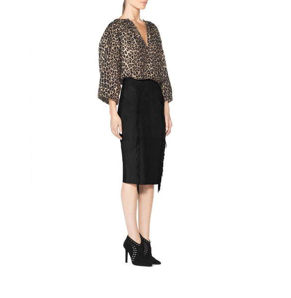 TAMARA MELLON Women's Black Goat Suede Fringe Pencil Skirt $895 NWT