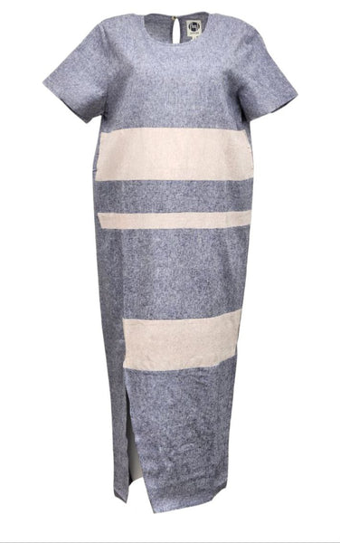 HoodLamb Women's Navy Contrast Stripe Maxi Hemp Dress 420 NWT