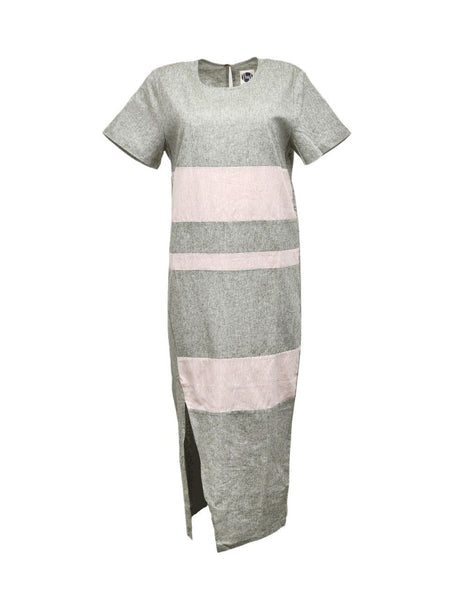 HoodLamb Women's Olive Contrast Stripe Maxi Hemp Dress 420 NWT