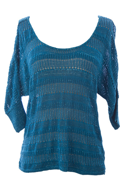 August Silk Women's Metallic 3/4 Sleeve Knit Crotchet Sweater NWT $68